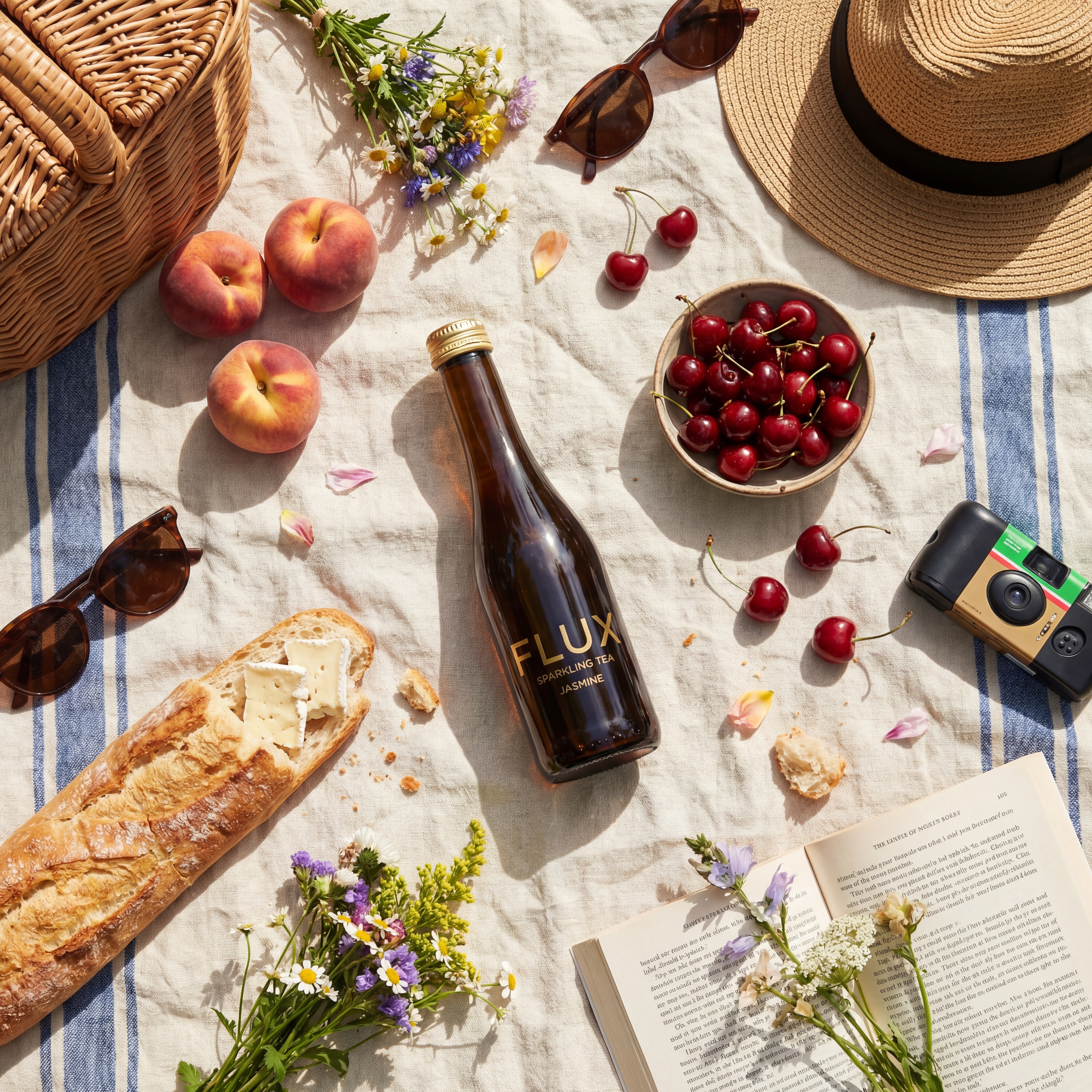 FLUX Jasmine Sparkling Tea — picnic setting with bottle and glass